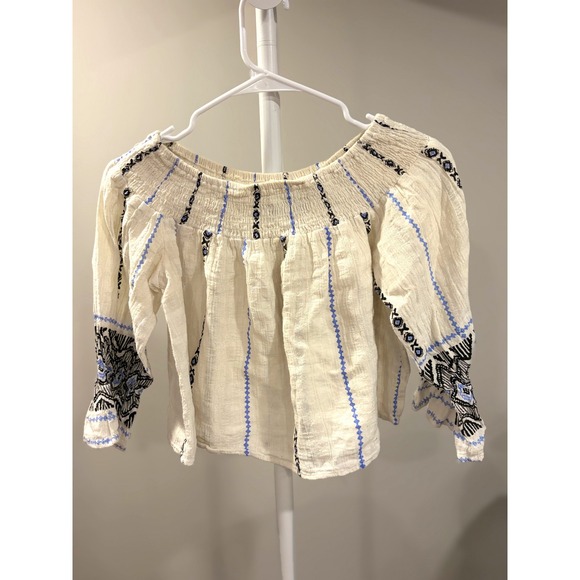Paper Heart Tops - Boho Cottage Embroidered Off the Shoulder Top Small Linen Blend Smocked Crop